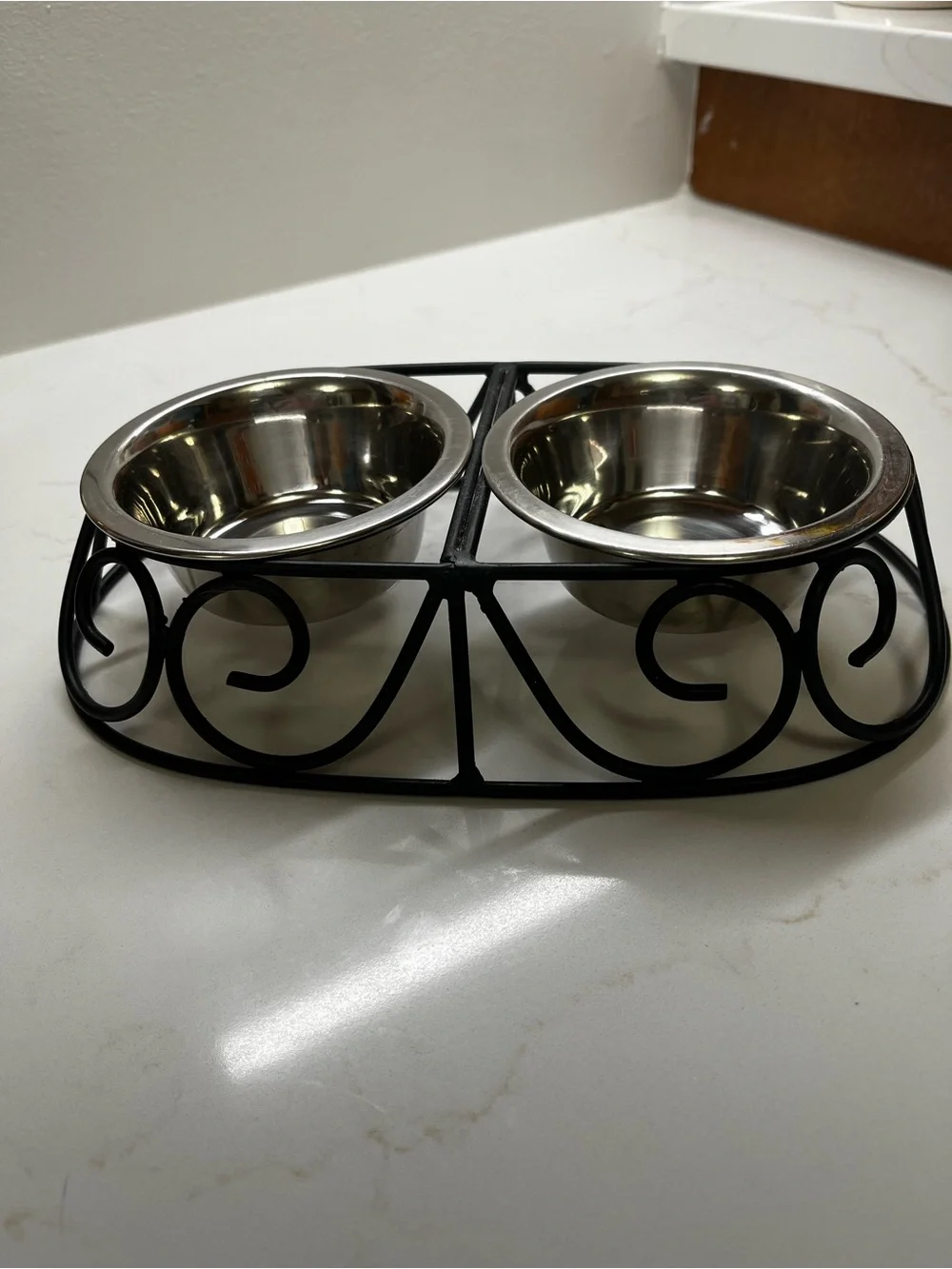 Double Stainless Steel Pet Bowls with Decorative Black Metal Stand